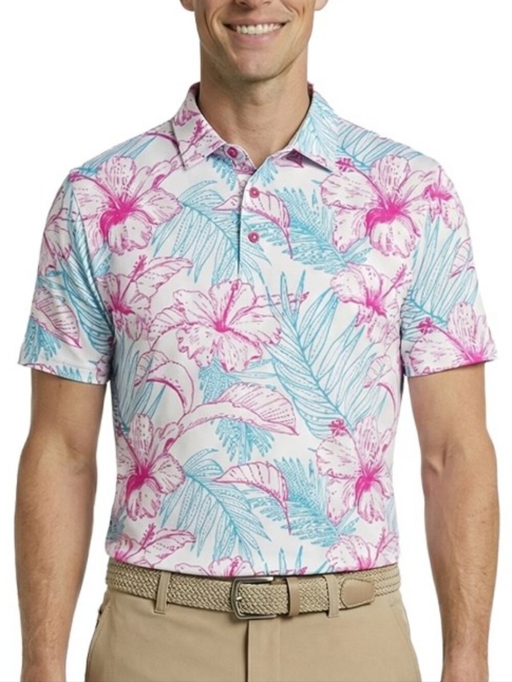 NWT BirdieBound Hawaiian Floral Golf Polo Shirt Pink & Blue